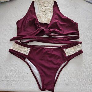 Maroon and ivory crochet lace bikini.